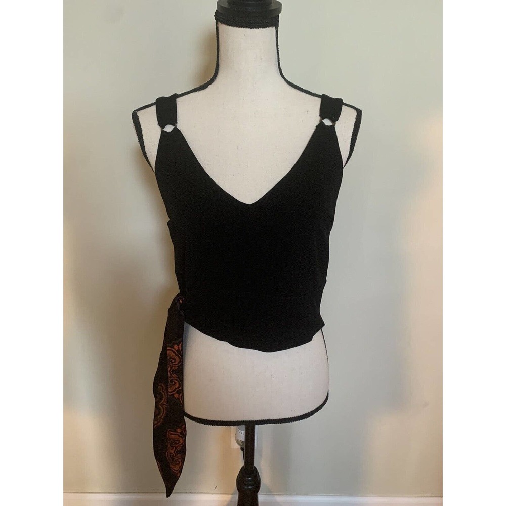 Free People M Paisley Pop Cropped Top Black Sleeveless Side Tie Vneck Tank New - Picture 6 of 14